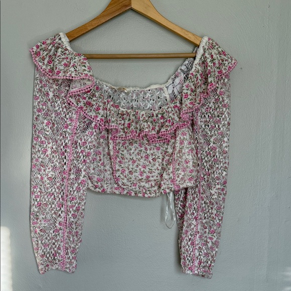 LoveShackFancy Tops - LoveShackFancy Pink Floral Ruffle Peasant Blouse small